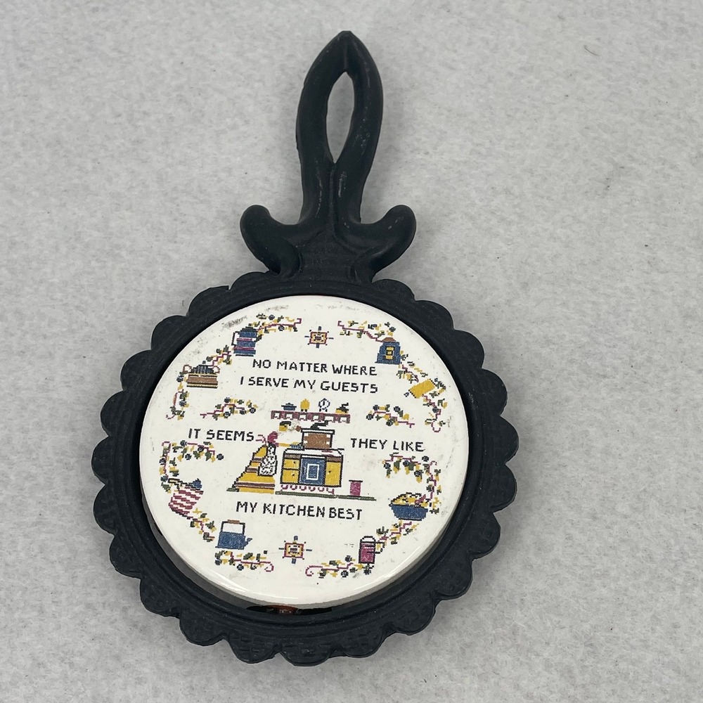 Vintage Meijyo Japan Cast Iron Trivet Ceramic Kitchen Best Cross Stitch Quote